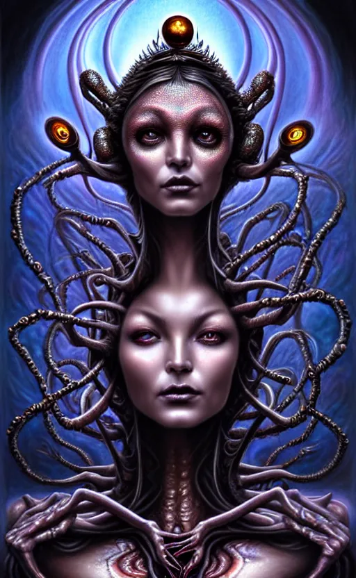 Image similar to A beautiful detailed alien goddess woman with 6 arms super dark tarot card, gorgeous model face by Stanley Artgerm, by tomasz alen kopera and Justin Gerard, 4 eyes, beautiful symmetrical features, ominous, magical realism, melting, texture, intricate, ornate, royally decorated, melting, whirling smoke, embers, purple adornments, blue torn fabric, radiant colors, fantasy, trending on artstation, volumetric lighting, micro details, 3d sculpture, ray tracing, 8k, anaglyph effect