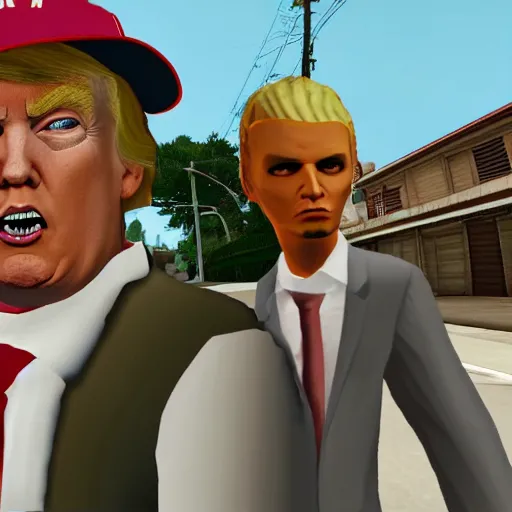 Image similar to donald trump in gta san andreas, grove street, in game screenshot