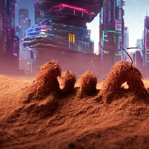 Image similar to ants building an anthill, cyberpunk, cinematic, 4k,