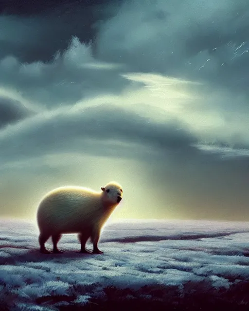 Image similar to white capybara at a cold tundra land, surreal photography, dramatic, impressionist painting, colorful clouds, digital painting, artstation, kilian eng, john harris, bastien lecouffe - deharme, simon stalenhag, flower face