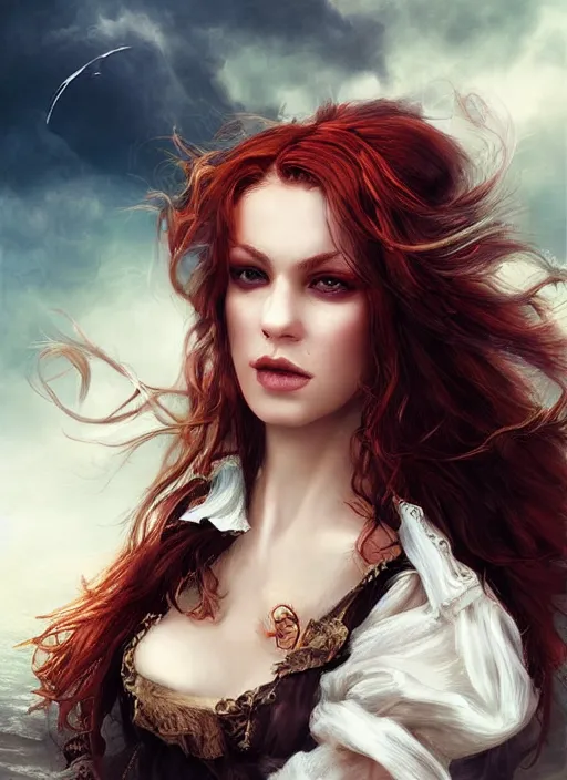 Prompt: a beautiful woman pirate clothes, 8 k, sensual, hyperrealistic, hyperdetailed, beautiful face, long ginger hair windy, dark fantasy, fantasy portrait by laura sava