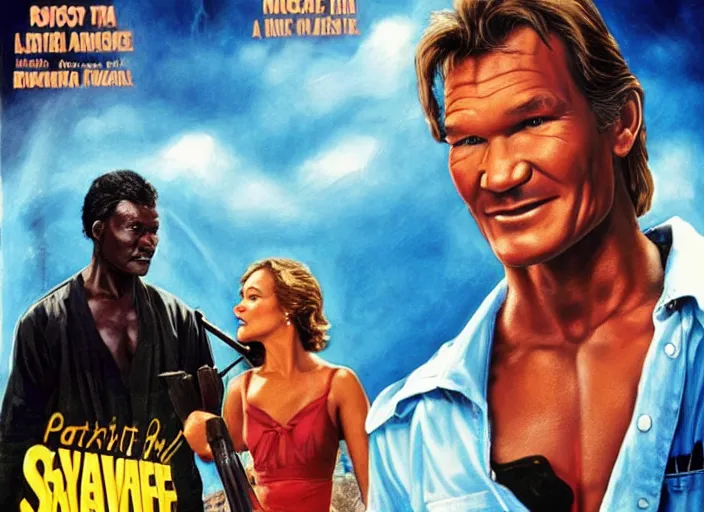 Image similar to Patrick Swayze, Ghanaian movie poster, romantic comedy, waterslide, Ninjas, highly detailed, HD, realism