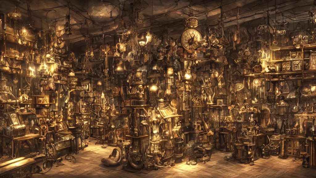 Image similar to A steampunk store, by tian gan, ultra detailed displays of weapons and clockwork machinations densely packed on shelves, volumetric lighting, wide angle, trending on patreon, artstation, deviantart. Unreal engine