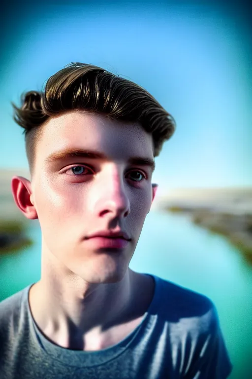 Image similar to high quality pastel coloured film mid angle selfie photograph of a beautiful young 2 0 year old male, soft features, short black hair, resting in an icelandic black rock environment. atmospheric. three point light. photographic. art directed. ( pastel colours ). volumetric light. clearcoat. waves glitch. 8 k. filmic.