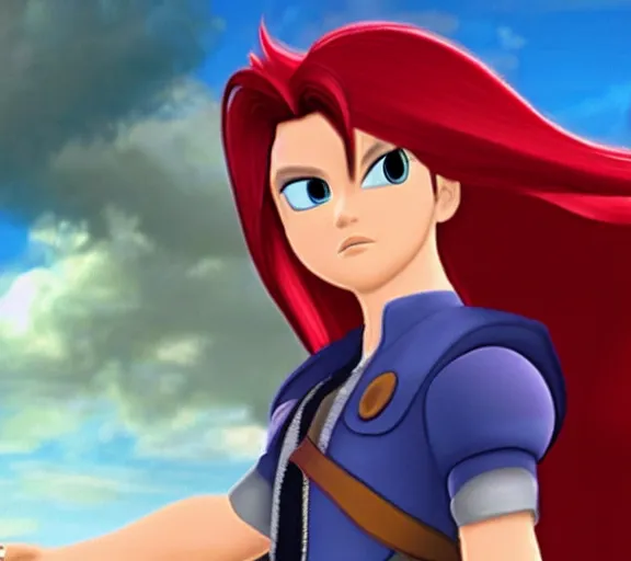 Image similar to Cloud from Final Fantasy as a Disney princess, animated movie still.