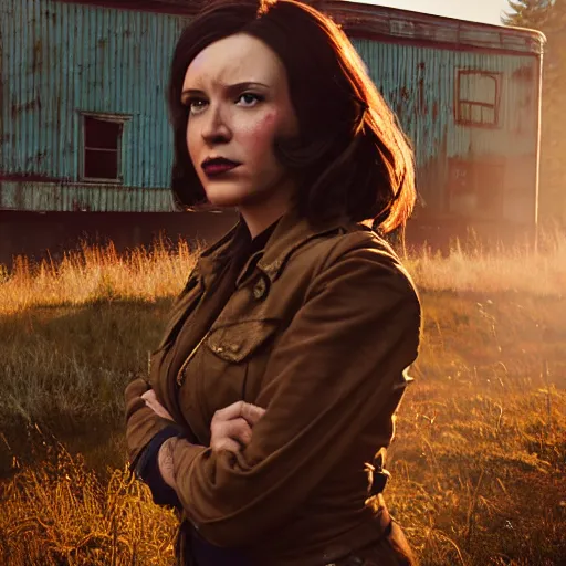 Image similar to fallout 5, charismatic brunette female protagonist, portrait, outdoors scene, somewhere in a low density rural town, retro rusted cars, atmospheric lighting, painted, intricate, volumetric lighting, beautiful, daytime, sunny weather, sharp focus, slightly desaturated, ultra detailed, by leesha hannigan, ross tran, thierry doizon, kai carpenter, ignacio fernandez rios