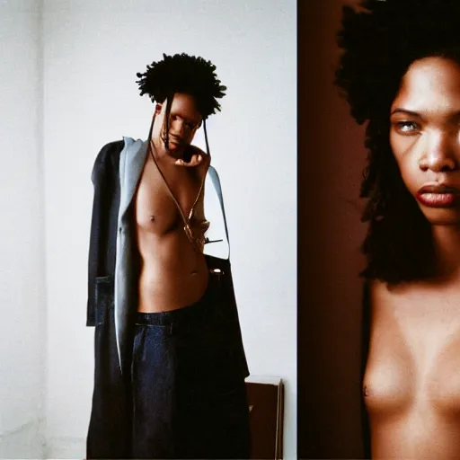 Image similar to realistic! photoshoot for a new vetements lookbook, color film photography, portrait of a beautiful woman, location in a apartment, in style of tyler mitchell, 35mm