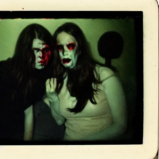 Image similar to a dark film still of demonic activity, big budget horror, a polaroid photo, bleeding decaying colors!