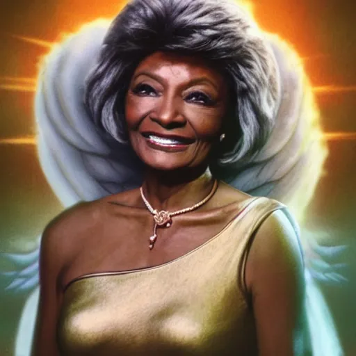 Image similar to nichelle nichols as an angel in cloud heaven photorealistic fantasy epic