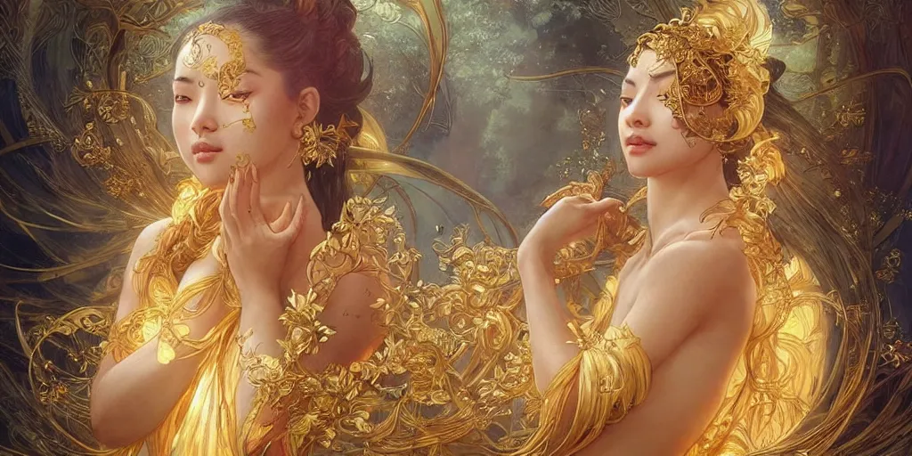 Image similar to asian nymph bald goddess, flowing golden silk twisting with whiten tattoos of cursive sigils on her opalescent skin, fantasy, intricate, very beautiful, elegant, golden light, highly detailed, art by artgerm and greg rutkowski and alphonse mucha