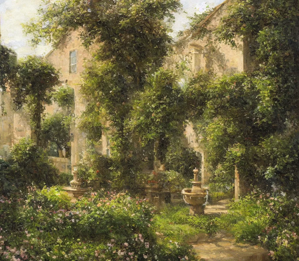 Image similar to Small garden with hedges, center fountain. history painting, artificial sun light, peaceful tiny walled garden, artstation, oil on canvas, by Albert Aublet, Private Collection