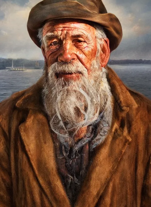 Image similar to realistic renderings portrait of very old fisher man portrait with a hat, port scene background, astonishing scenes, detailed, photorealism, volumetric lighting, autumn lights colors