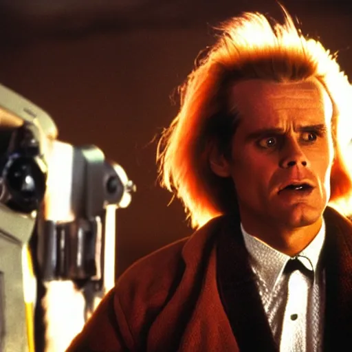 Prompt: stunning awe inspiring jim carrey as doc brown in the movie back to the future, movie still 8 k hdr atmospheric lighting