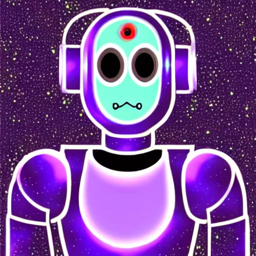 Image similar to robot with moustache, violet light, starry background