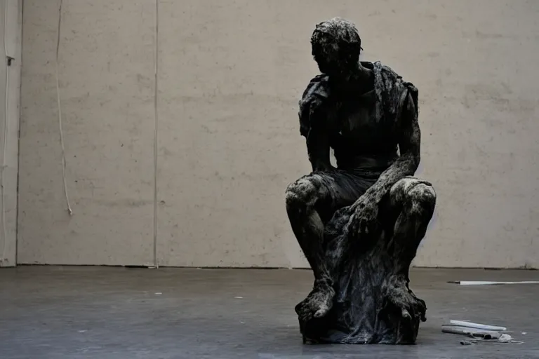 Image similar to a sculpture of a person sitting on top of a chair, a marble sculpture by nicola samori, behance, neo - expressionism, marble sculpture, apocalypse art, made of mist