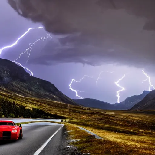 Image similar to nightmarish creatures rushing towards black pontiac firebird trans - am driving towards the camera, norway mountains, valley, large lake, dynamic, cinematic, motionblur, volumetric lighting, wide shot, low angle, red glow in sky, large lightning storm, thunder storm