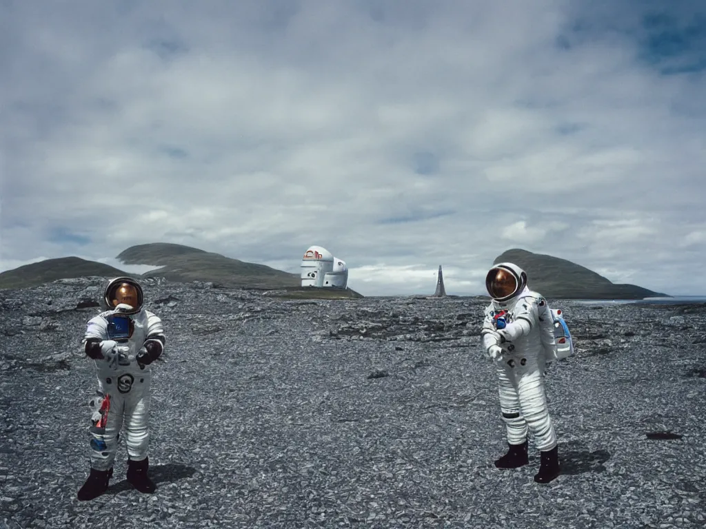 Image similar to tourist astronaut visiting the Isle of Harris, Scotland, a spaceship in the background, 35 mm lens, large format camera, photorealistic