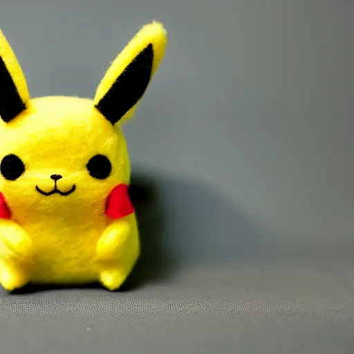 Prompt: a cute pikachu made out of felt sitting on a dresser in a bedroom macro photography
