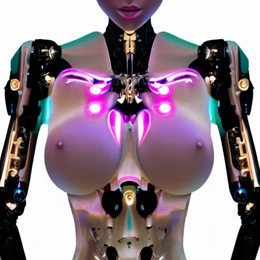 Image similar to an extremely beautiful biomechanical female robot with large emoji, twins, neon jacuzzi, oppai cyberpunk, chimeric organism, pale skin, organic polycarbon, full frontal portrait, highly detailed, transhumanist hydration, light bath, symmetrical, goddess, mendelbrot fractal, ray tracing, hyperdetailed, hyperrealistic, trending on artstation, octane render, hdr, uhd, in the style of trevor brown 4k