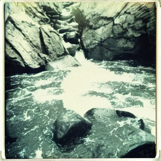 Prompt: looking over the edge of a deep dark shaft with rushing water, creepy, eerie, unsettling, terrifying, jagged rocks, dark, old polaroid, expired film,