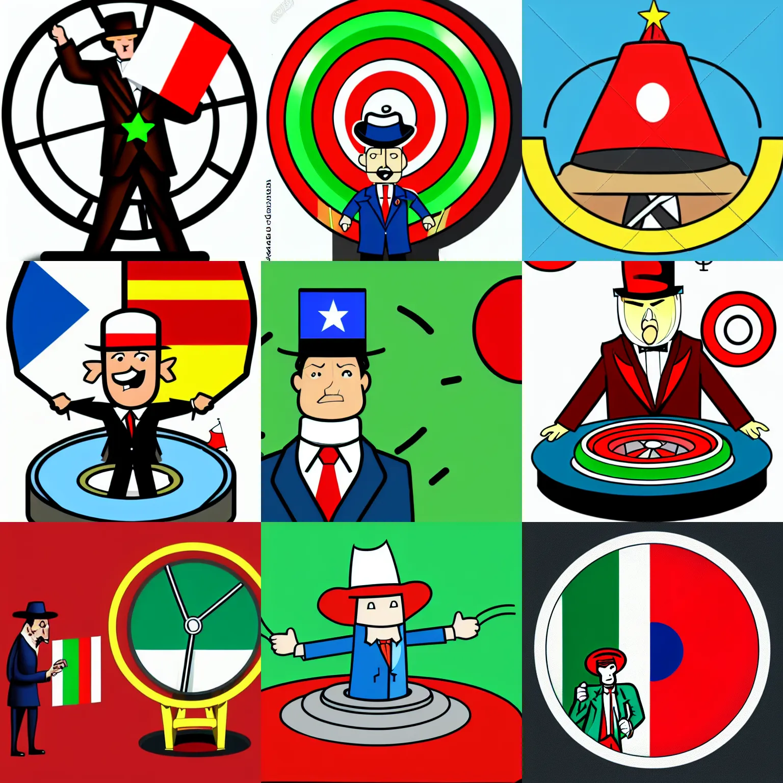 Prompt: man suit on a price wheel with a pointy hat, dollars in pocket, cartoon, comic, illustration, Italian flag,