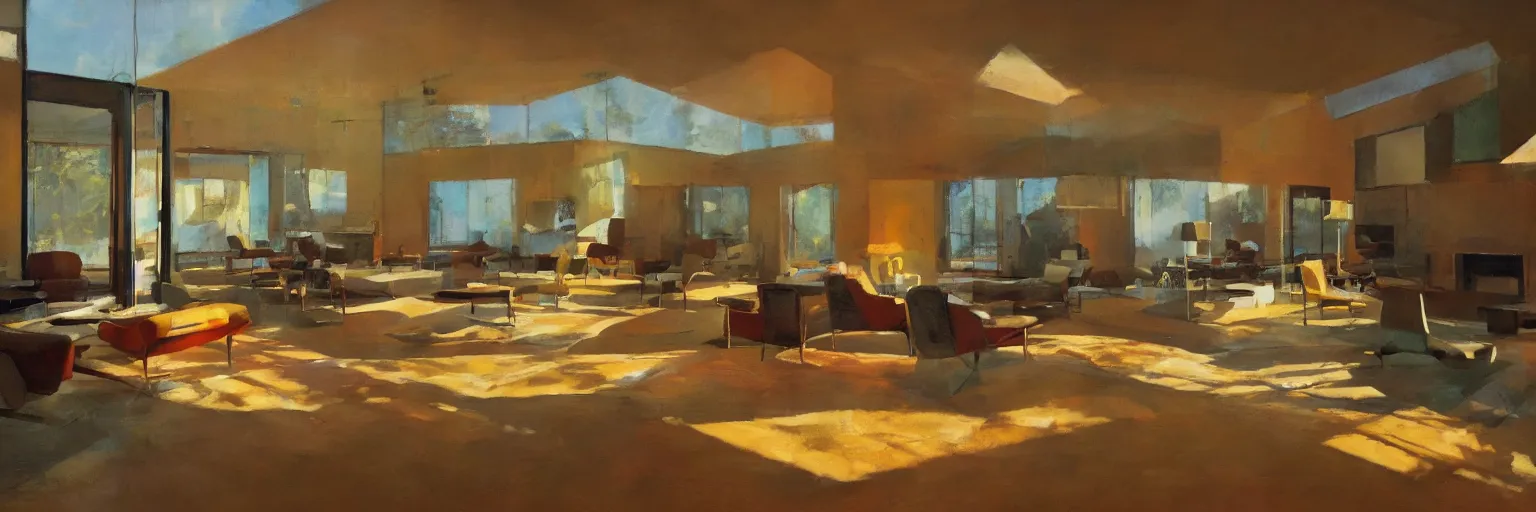 Image similar to midcentury architecture. modernism. rays of light filling the room. warm colors. wide shot. craig mullins.