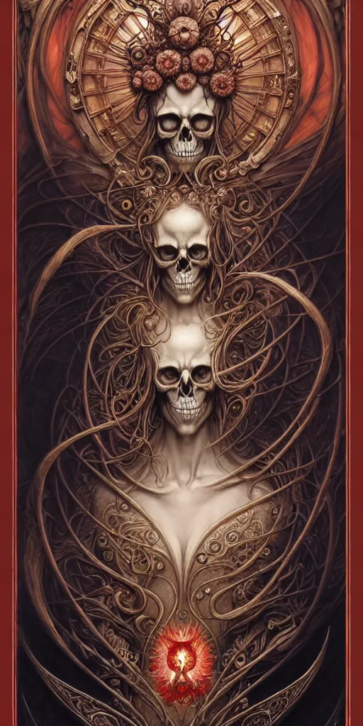 Prompt: A beautiful detailed orixa 2d tarot card by ellen jewett, tomasz alen kopera and Justin Gerard, symmetrical features, ominous, magical realism, texture, intricate, ornate, royally decorated, skull, skeleton, whirling smoke, embers, red adornments, red torn fabric, radiant colors, fantasy, trending on artstation, volumetric lighting, micro details, 3d sculpture, ray tracing, 8k, anaglyph effect