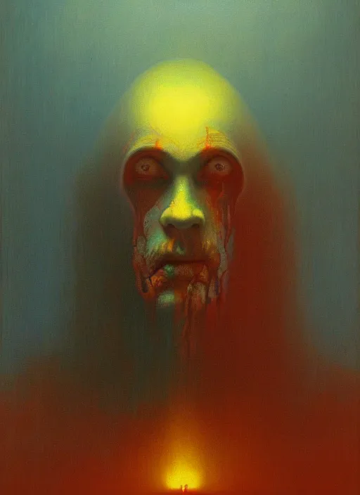 Prompt: king of hell paints a self portrait, symmetric lights and fog, in the style of zdzislaw beksinski, glowing light and shadow, hyperrealist, 8 k