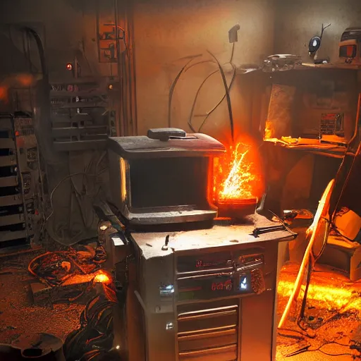 Image similar to cyborg toaster oven repairman, dark messy smoke - filled cluttered workshop, dark, dramatic lighting, orange tint, sparks, plasma rays, cinematic, highly detailed, sci - fi, futuristic, movie still, rule of thirds composition