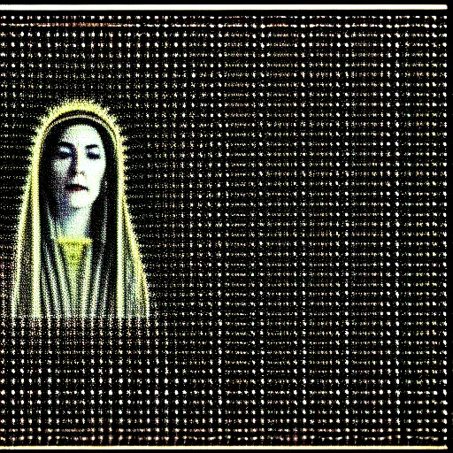 Image similar to vhs static overlay of marian apparition, vhs, 1 9 9 0, highly realistic, highly detailed, vhs noise static, black and white, vhs glitch