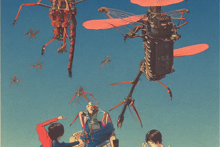 Image similar to gigantic dragonflies with human faces catch tiny planes, a lot of exotic mechas robots around, human heads are all over the ground, risograph by kawase hasui, dirtyrobot, edward hopper, satoshi kon and moebius, colorful flat surreal design, super - detailed, a lot of tiny details, fullshot