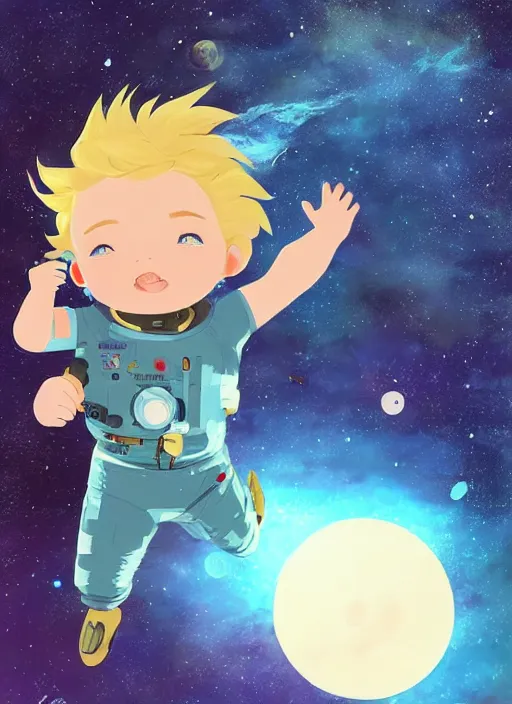 Image similar to little boy with short blonde hair. he is floating in space. he is wearing a space suit. background is a nebula. clean cel shaded vector art. shutterstock. behance hd by lois van baarle, artgerm, helen huang, by makoto shinkai and ilya kuvshinov, rossdraws, illustration, art by ilya kuvshinov