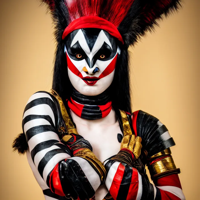 Image similar to full body photo of a real - life very beautiful female harlequin warrior, 8 k, hdr, smooth, sharp focus, high resolution, award - winning photo