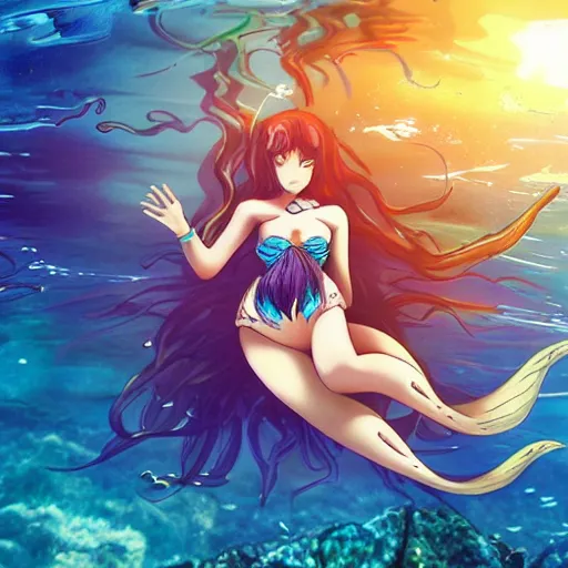 Image similar to underwater photography of a mermaid, anime key visual