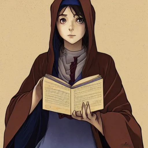 Prompt: portrait of a female wizard with brown hair wearing a blue hooded robe holding a book, fantasy, extremely detailed, digital illustration, character art, seinen, anime key visual, art by hayao miyazaki and makoto shinkai and alphonse mucha, trending on artstation