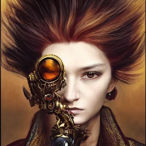 Image similar to portrait, headshot, insanely nice professional hair style, dramatic hair color, digital painting, of a old 17th century, old cyborg merchant, amber jewels, baroque, ornate clothing, scifi, realistic, hyperdetailed, chiaroscuro, concept art, art by Franz Hals and Jon Foster and Ayami Kojima and Amano and Karol Bak,