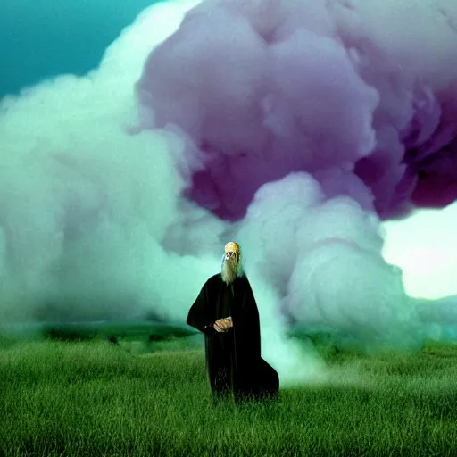 Image similar to snoop dogg with white hair and white beard as gandalf the white, exhaling a huge cloud of magical purple smoke in the vast and lush green fields of the shire, Japanese CGI, VFX, 2003, 40mm lens, shallow depth of field, film photography, volumetric lighting, highly detailed, ultrarealistic