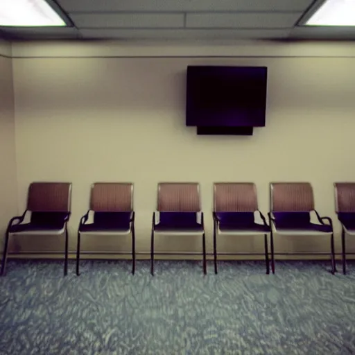 Image similar to Nostalgic waiting room, lowly-lit, 1990s style, no people