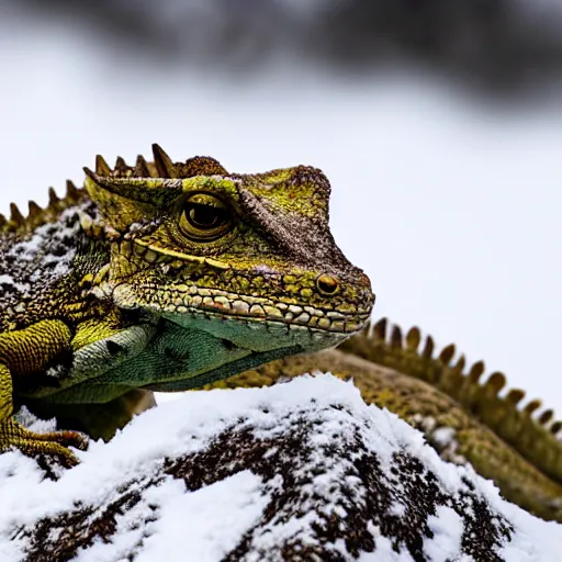 Prompt: photo of an horned dragon lizard on snowy mountain peak, snow, 50mm, beautiful photo
