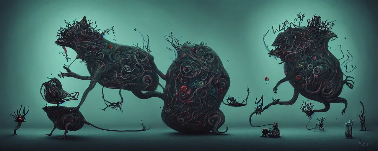 Image similar to whimsical alchemical creatures, surreal dark uncanny painting by ronny khalil