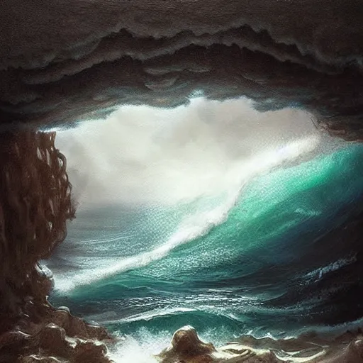 Prompt: a dark stormy sea in an aquarium, large waves, miniature, fantasy concept art, digital painting, oil painting, hyperrealistic, highly detailed