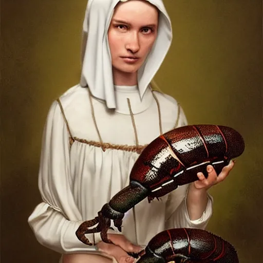 Image similar to A masterpiece portrait of a Incredibly beautiful maid barique renaissance swamp nun girl holding very beautiful big shiny king beetle. hunting on deer with russian greyhound medium shot, intricate, elegant, highly detailed. trending on artstation, digital art, by Stanley Artgerm Lau, WLOP, Rossdraws, James Jean, Andrei Riabovitchev, Marc Simonetti, Yoshitaka Amano. background by James Jean and Gustav Klimt, light by Julie Bell, 4k, porcelain skin.