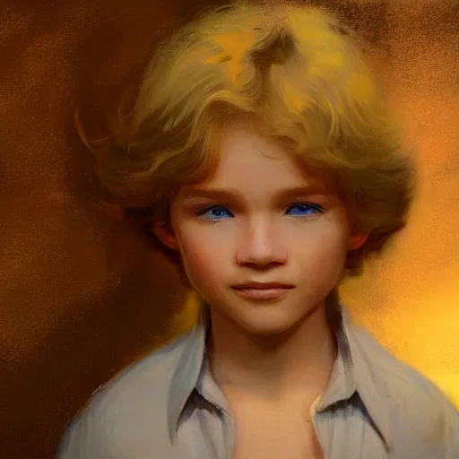 Prompt: a young boy with cherubic features including blond hair and blue eyes strands as the second messiah. A light shines down on him from Heaven. By Nikolay Makovsky, Craig Mullins, Katsuhiro Otomo