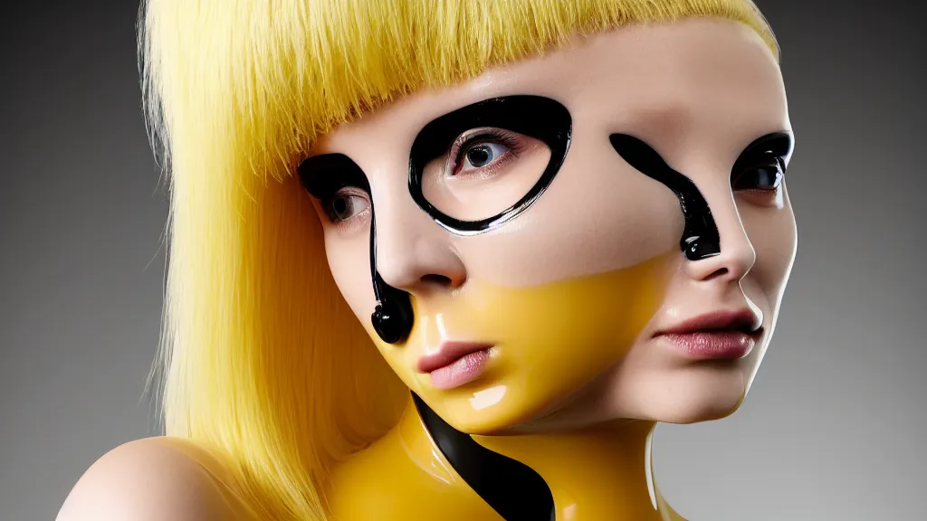Image similar to symmetrical close - up portrait of a woman wearing a translucent silicone beauty mask and yellow hair, wearing a black bodysuit by alexander mcqueen, black background, soft diffused light, biotechnology, humanoide robot, bjork aesthetic, translucent, intricate details, highly detailed, masterpiece,