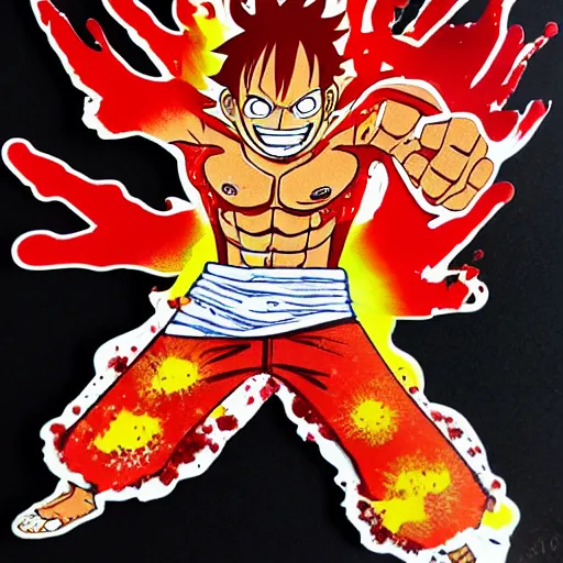 Image similar to die cut sticker, luffy gear 4, splatter paint on paper