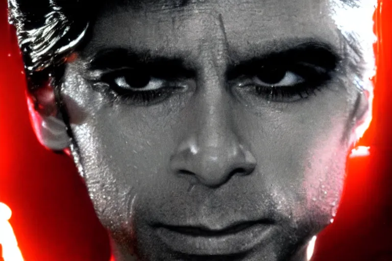 Prompt: uncle jesse from full house, he looks like a terminator, metal on his face, one red eye, movie still, from the movie terminator, 8 k, cinematic lighting