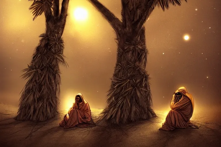 Image similar to a hooded Druid sitting under a palm tree in the Egyptian desert reading ancient scrolls in the light from a small fire at night, brown cloak, desert, starry sky, an ancient city far in the distance, strong dramatic cinematic lighting, lost civilizations, smooth, sharp focus, extremely detailed