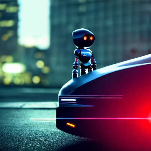 Prompt: a cute little robot in front of a car. super realistic 8 k render of a dark hooded powerful elegant, cinematic composition