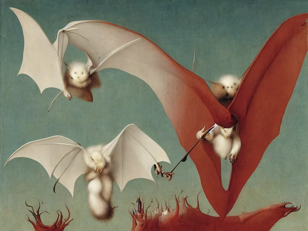 Image similar to beautiful exotic white fluffy bat, long antennae, pink eye. Painting by Jan van Eyck, Bosch, Audubon, Rene Magritte, Agnes Pelton, Max Ernst, Walton Ford