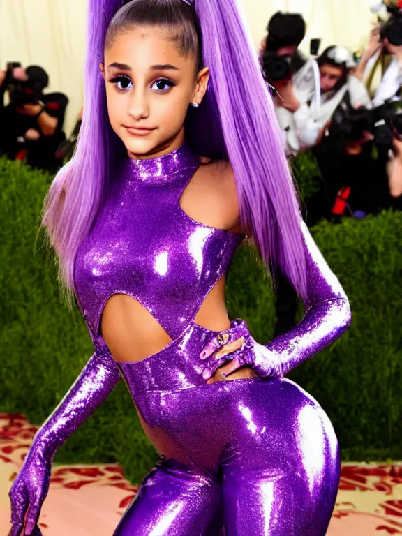 Prompt: sexy young Ariana Grande wearing viery tight Translucent metallic mirror chrome purple and gold latex crazy outfit Met Gala photoshoot